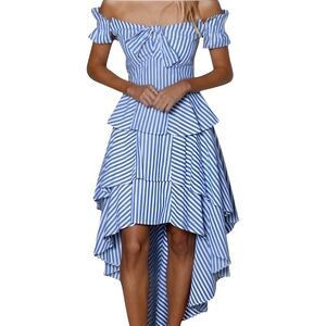 StyleKeepers Women's Stripe Ruffle Layered Dress XS Blue White Vacation Coastal